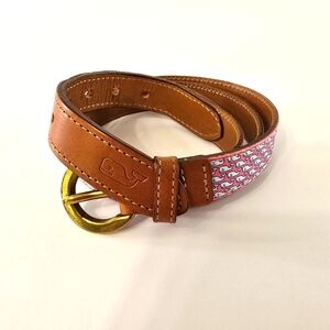 Vineyard Vines Whale Belt Leather Print Aquatic Ocean Leather Webbed Web Size S